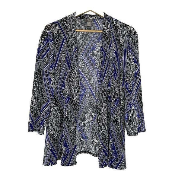 Chicos Travelers Cardigan Size XL Black Blue Pleated Paisley Artsy - Picture 1 of 9